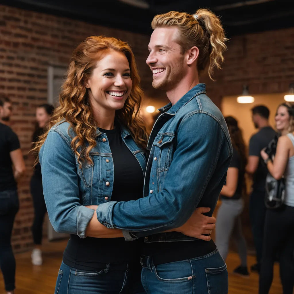 a man and woman are hugging in a dance studio with other people in the background and a brick wall, kitsch movement, a stock photo, Daren Bader, promotional image