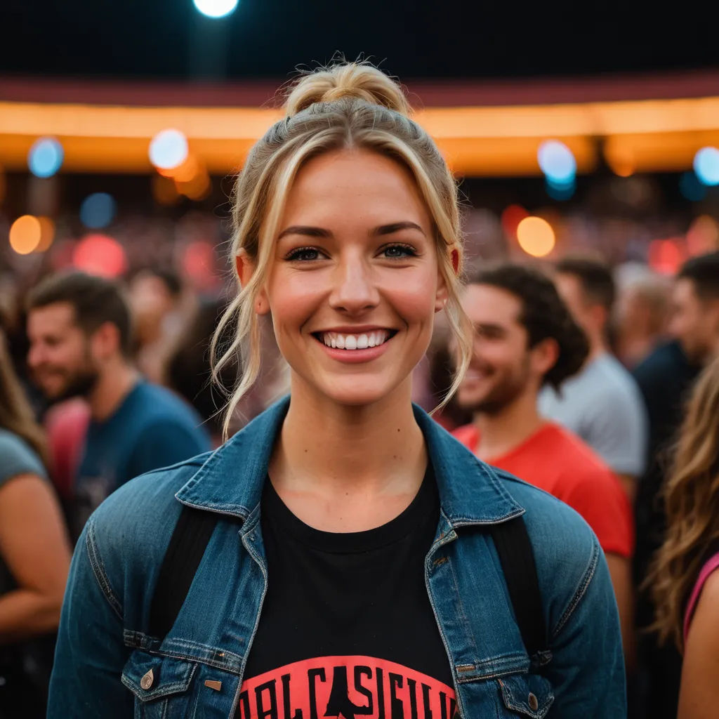 a woman with a denim jacket and a black shirt smiling at the camera with a crowd of people behind her, maximalism, a stock photo, Alison Geissler, facial muscles