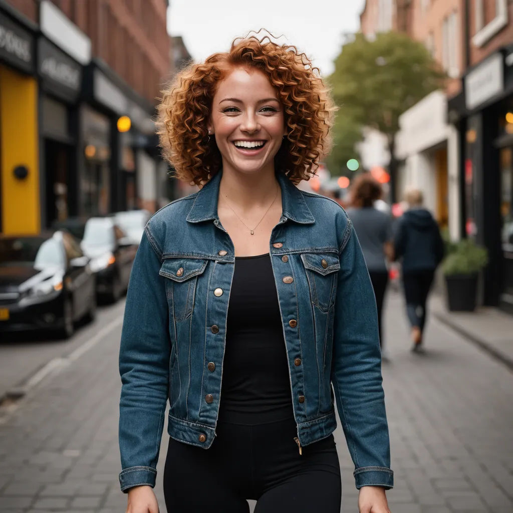 a woman with red hair is smiling on a street corner with a man walking by her and a woman with a black top and jeans jacket, private press, a character portrait, Christen Købke, portrait photography