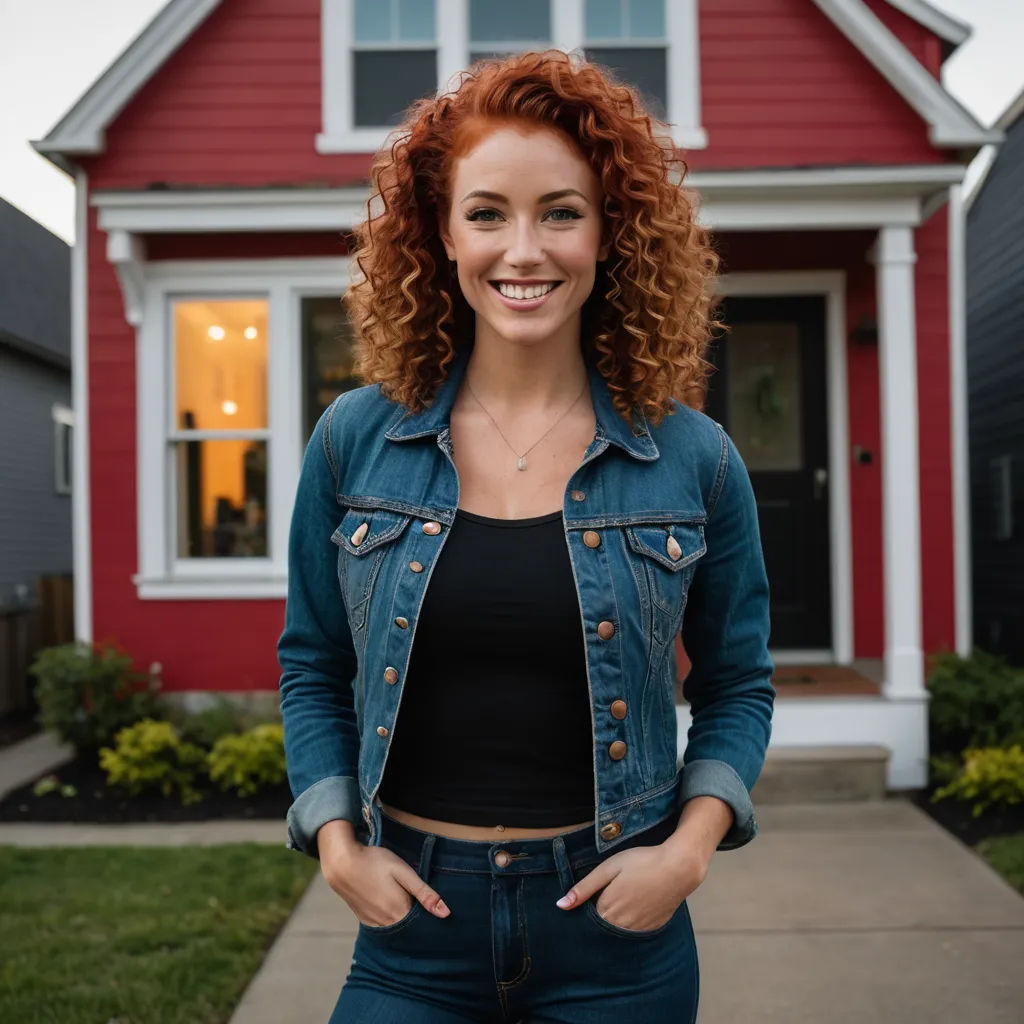 a woman standing in front of a red house with a smile on her face and her hands in her pockets, romanesque, a character portrait, Barbara Greg, promotional image