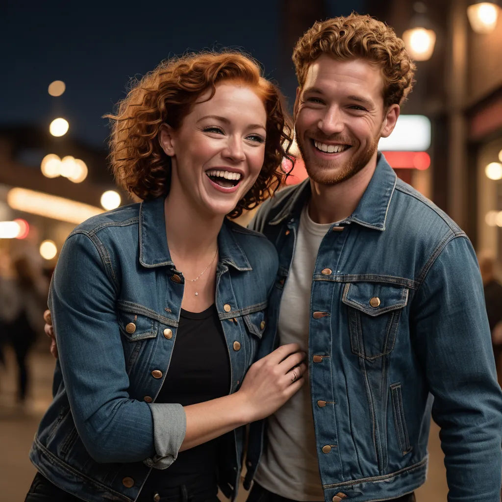 a man and woman are smiling and posing for a picture together outside at night time, with lights on the buildings in the background, kitsch movement, a stock photo, Christian Hilfgott Brand, portrait photography