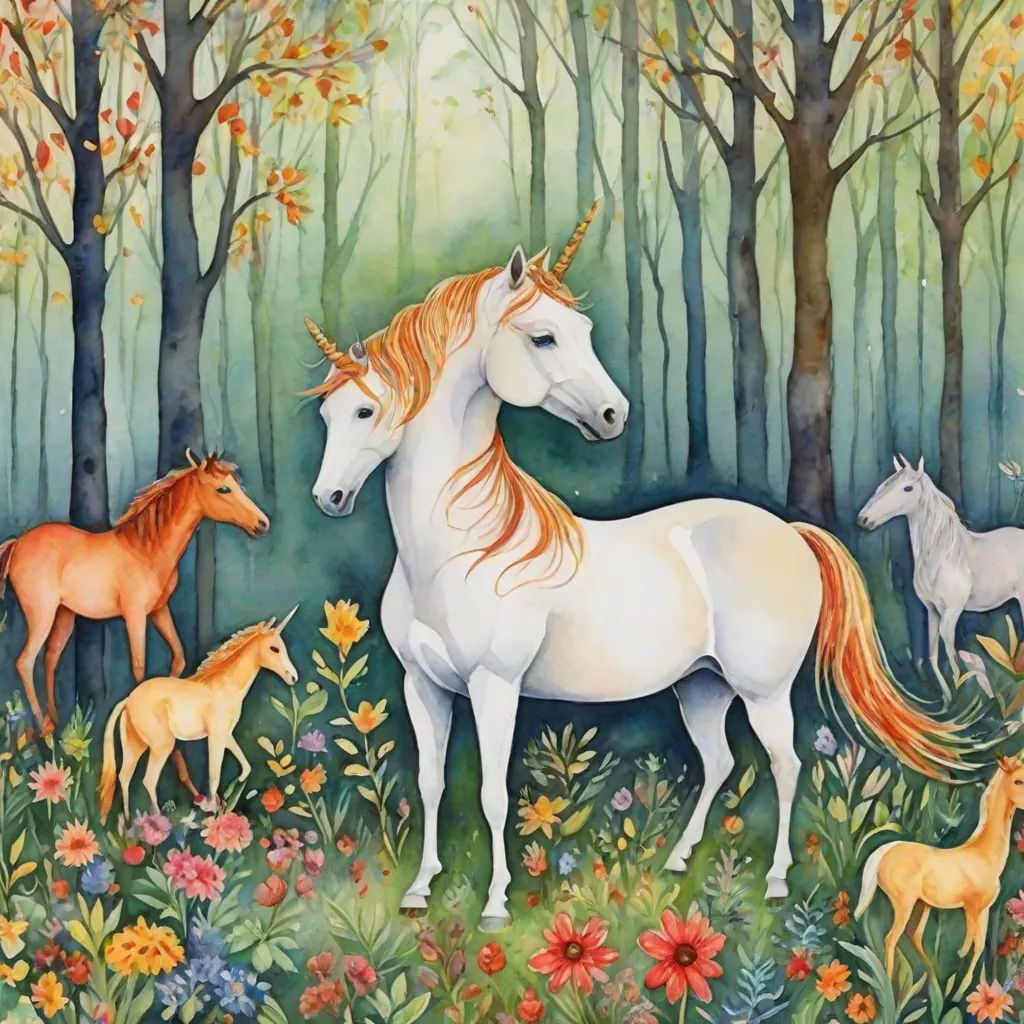 a painting of a unicorn and her babies in a forest with flowers and trees in the background and a baby horse standing in the foreground, fantasy art, a storybook illustration, Anne Stokes, storybook illustration
