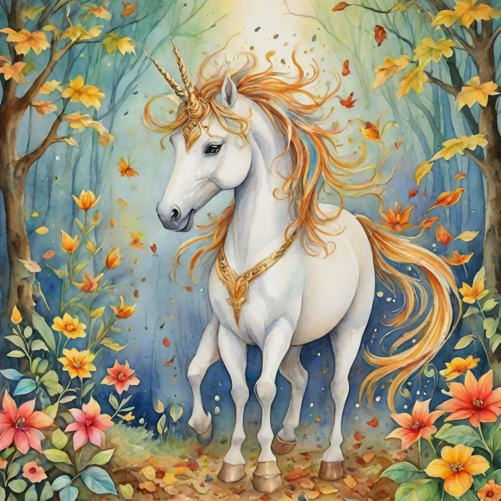 a painting of a white unicorn with a golden mane and a golden chain around its neck standing in a forest, fantasy art, a detailed painting, Anne Stokes, fantasy artwork