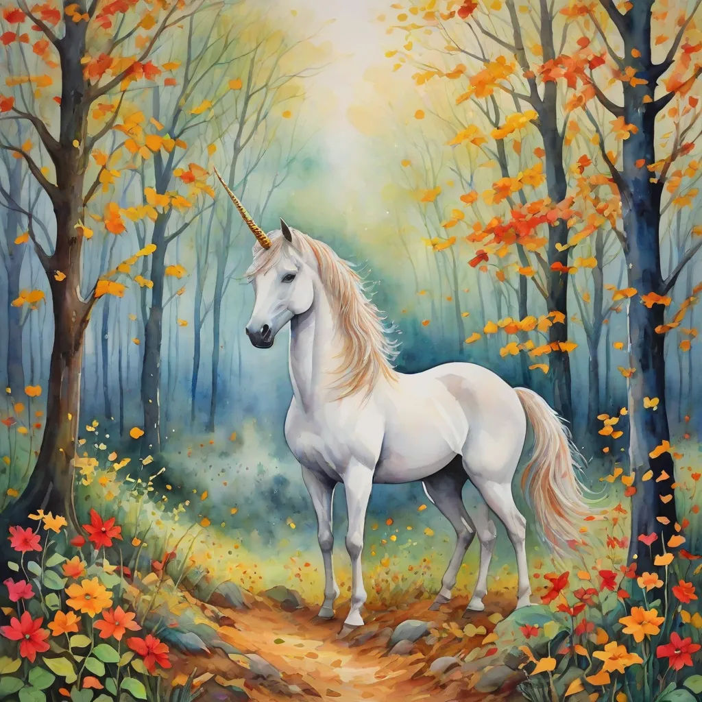 a painting of a white unicorn in a forest with trees and flowers in the background, with a path leading to the unicorn, magical realism, a fine art painting, Anne Stokes, fantasy artwork