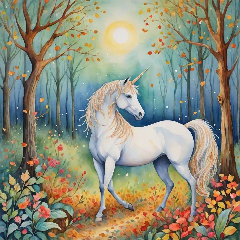 a painting of a unicorn in a forest with trees and flowers in the background, with the sun shining through the trees, fantasy art, a fine art painting, Anne Stokes, fantasy artwork