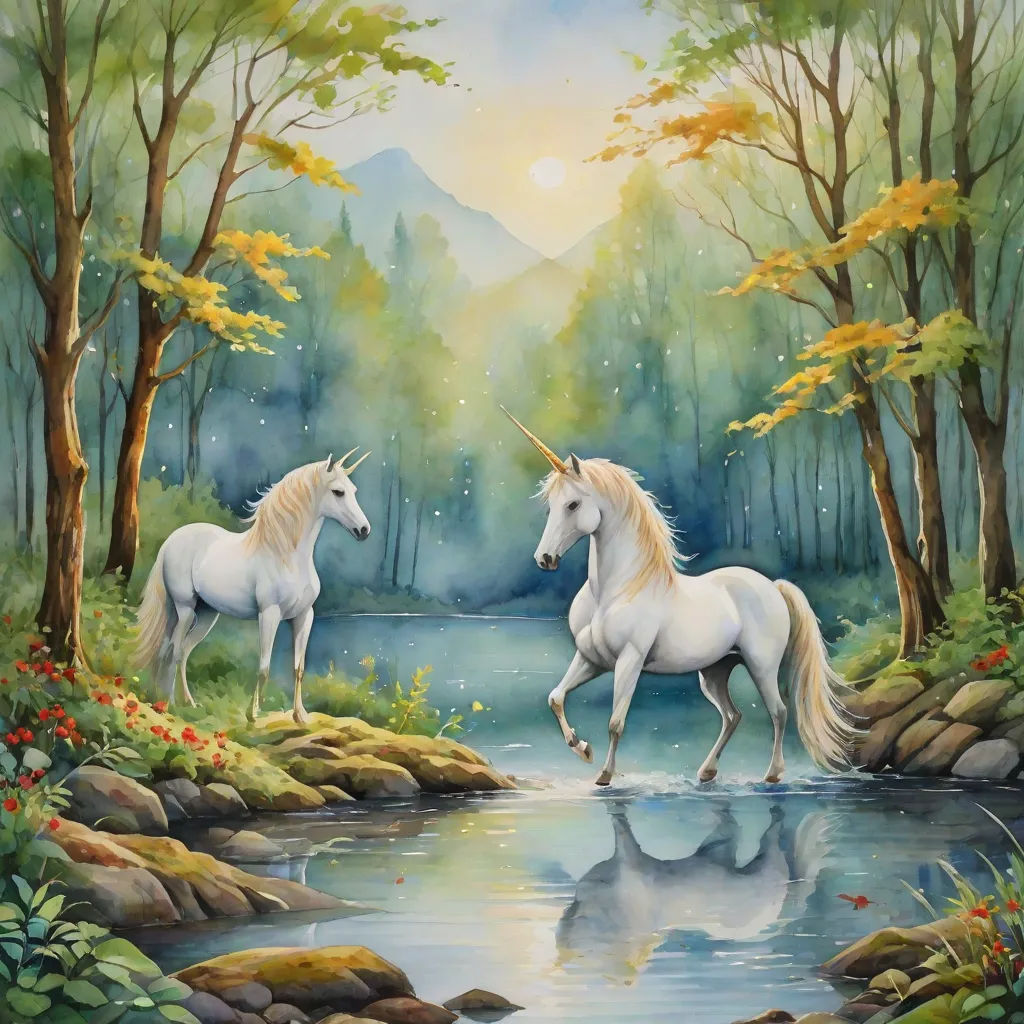 two white unicorns are standing in the woods by a river and a mountain range with trees and flowers, fantasy art, a storybook illustration, Anne Stokes, fantasy artwork