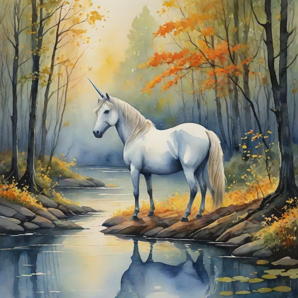 a painting of a white unicorn standing on a rock next to a river in a forest with trees and leaves, fantasy art, a fine art painting, Anne Stokes, fantasy artwork