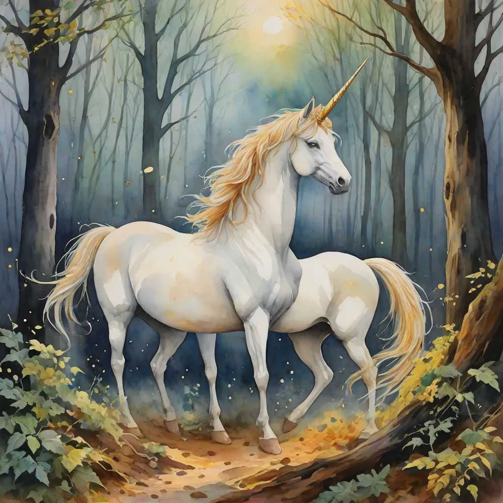 a painting of a unicorn standing in a forest with trees and leaves on the ground and a sun shining through the trees, fantasy art, a fine art painting, Anne Stokes, rossdraws global illumination