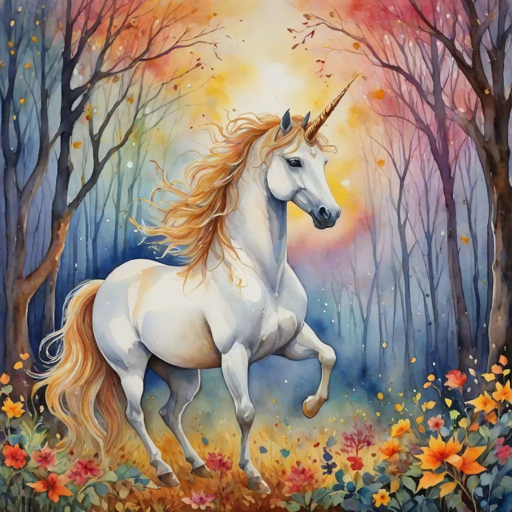 a painting of a unicorn running through a forest with flowers and trees in the background, with a sun shining through the trees, fantasy art, a fine art painting, Anne Stokes, rossdraws global illumination