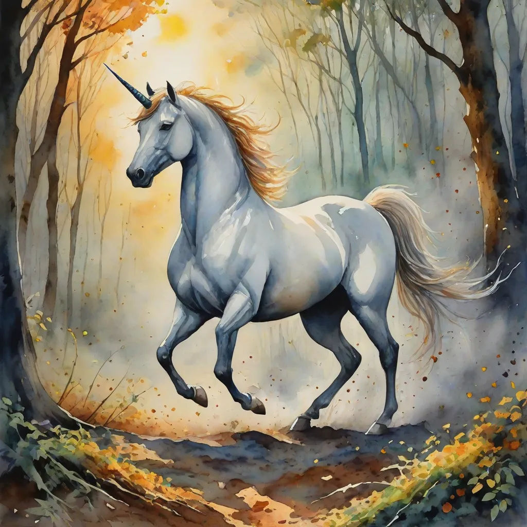 a painting of a unicorn running through a forest with trees and leaves on the ground and a trail leading to it, fantasy art, a fine art painting, Anne Stokes, fantasy artwork