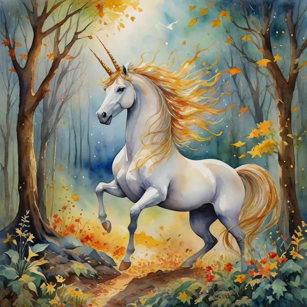 a painting of a unicorn running through a forest with trees and leaves on it's sides and a trail leading to the unicorn's head, fantasy art, a fine art painting, Anne Stokes, rossdraws global illumination