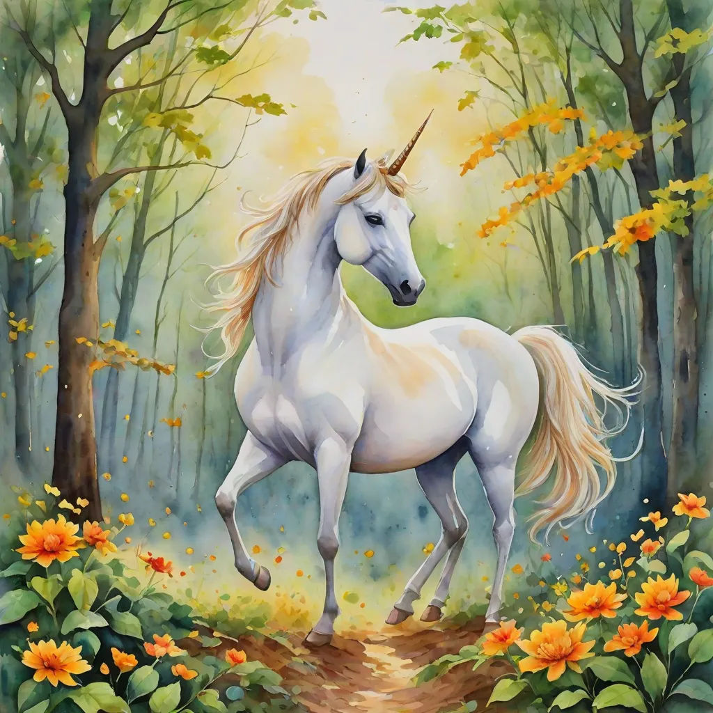 a painting of a white unicorn in a forest with flowers and trees in the background, with a path leading to the unicorn, fantasy art, a fine art painting, Anne Stokes, rossdraws global illumination