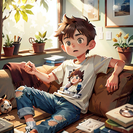 a boy sitting on a couch with a laptop computer on the table next to him and a stuffed animal