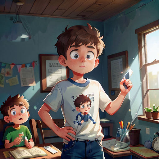 a boy standing in front of a desk with a book and a cell phone in his hand and another boy sitting at a desk