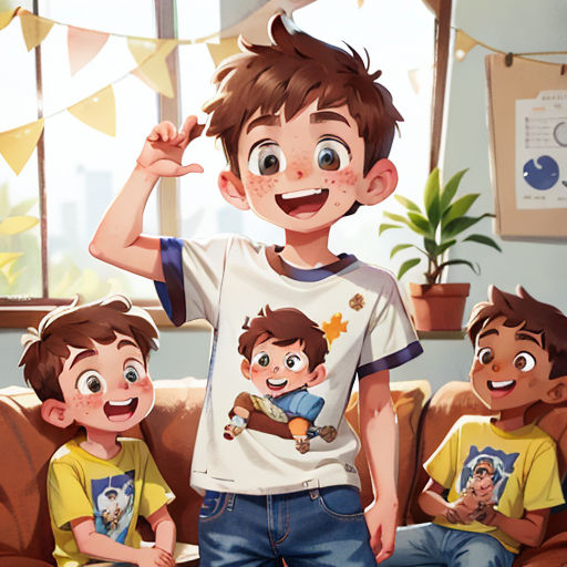 a boy standing in front of a group of kids on a couch with a plant in the background and a banner in the background