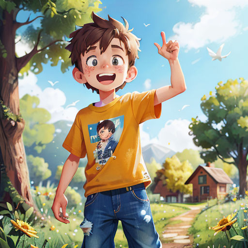 a boy is standing in the middle of a field with a bird flying overhead and a house in the background