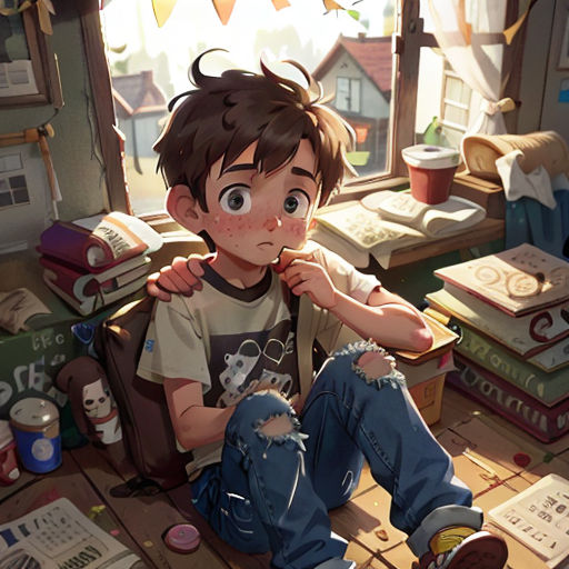 a boy sitting on a chair in a room with books and a book shelf in the background and a window