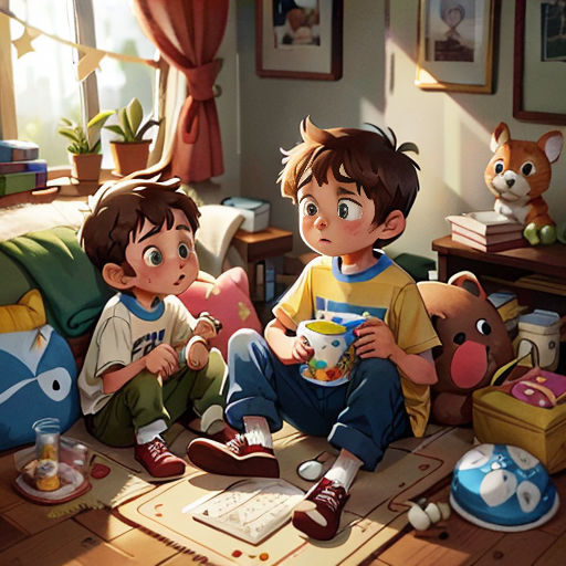 two children sitting on a floor eating food and drinking coffee and talking to each other with stuffed animals around them