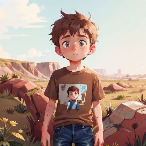 a boy standing in a field with a rock formation in the background and a sky background with clouds and a few clouds