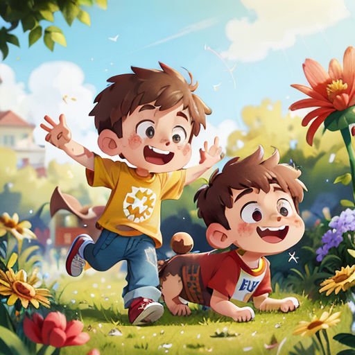 two children playing in a field of flowers and grass with a dog in the foreground and a house in the background