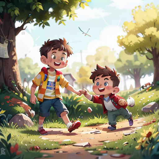 two children are playing in the woods together, one is holding the hand of the other boy's hand