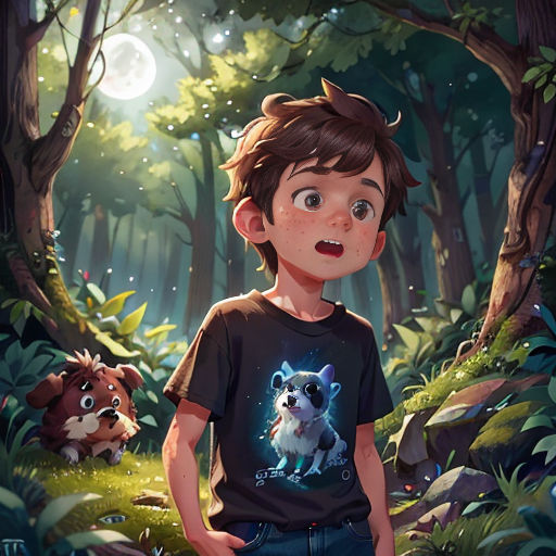 a boy standing in the woods with a dog on his chest and a forest background with a full moon