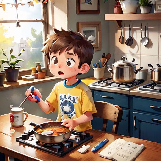 a boy is cooking in a kitchen with a pot and pan on the stove top and a book on the table