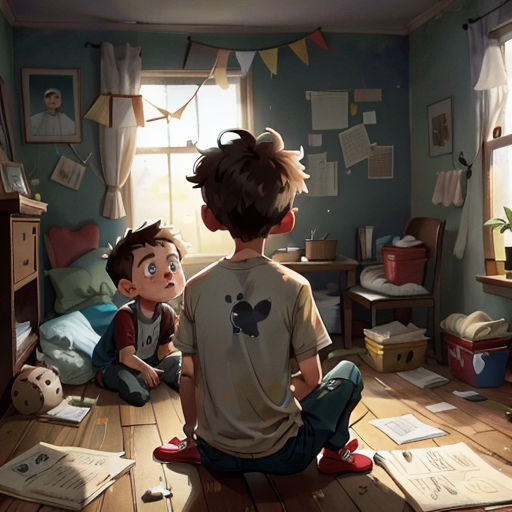 a boy and a boy sit on the floor in a room with papers scattered around them and a boy is looking out the window