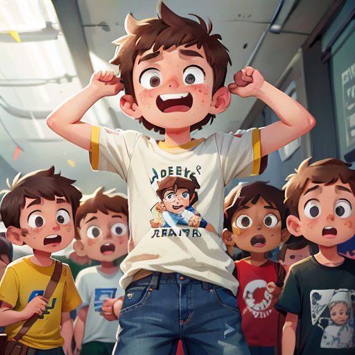 a boy with his hands on his head standing in front of a group of children with their mouths open
