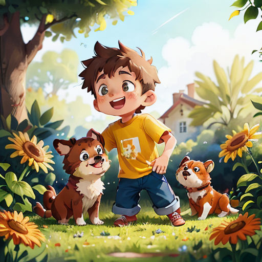 a boy standing in the middle of a field with two dogs and a house in the background with sunflowers