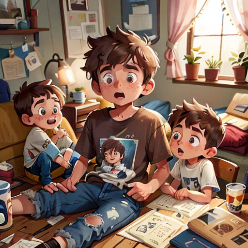 a group of children sitting around a table with books and drinks on it, with a man looking at the camera