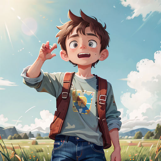 a boy with a backpack and a backpack on his back is standing in a field with grass and flowers