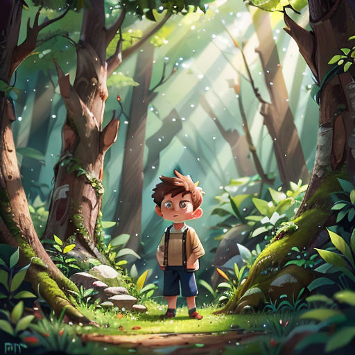 a boy standing in the middle of a forest with a backpack on his back and a forest background with trees and rocks