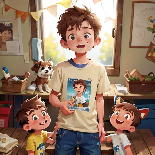 a boy standing next to two other boys in a room with a dog on the floor and a window