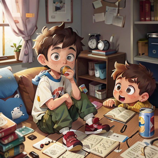 a boy and a girl sitting at a table with books and a cup of coffee in front of them