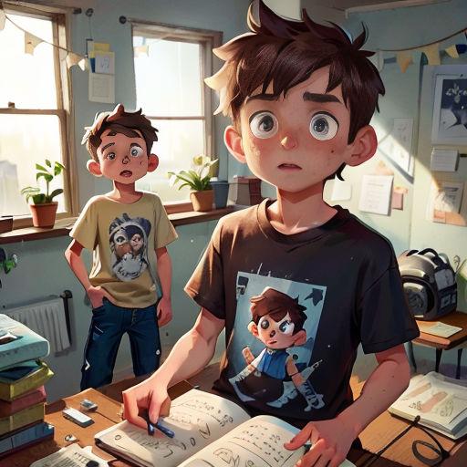 a boy is sitting at a desk with a book and a boy is standing behind him with a book