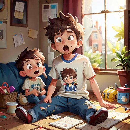 a boy and a girl sitting on a table with a book and a cup in front of them, with a window in the background