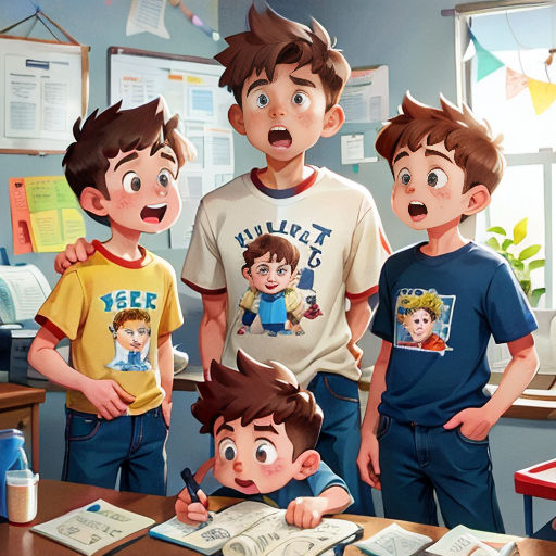 a group of young boys standing next to each other in front of a desk with books and papers on it