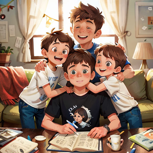 a family of five sitting on a couch in front of a book and a coffee table with a book