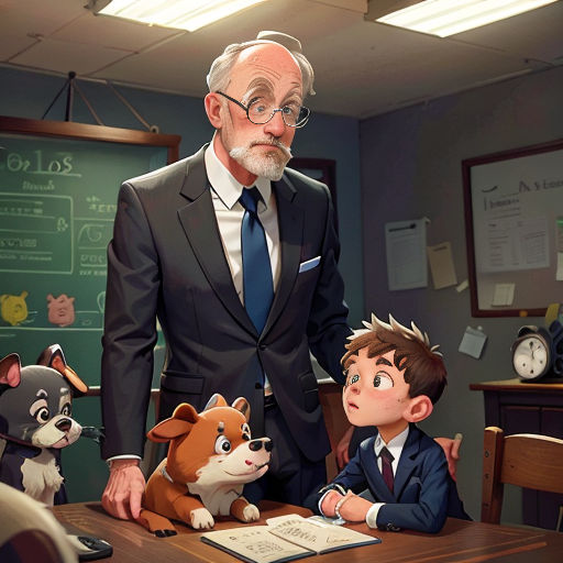 a man in a suit standing next to a little boy in a suit and dog sitting at a desk