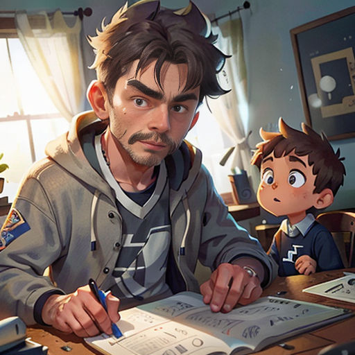 a man sitting at a desk with a child in front of him and a book in front of him