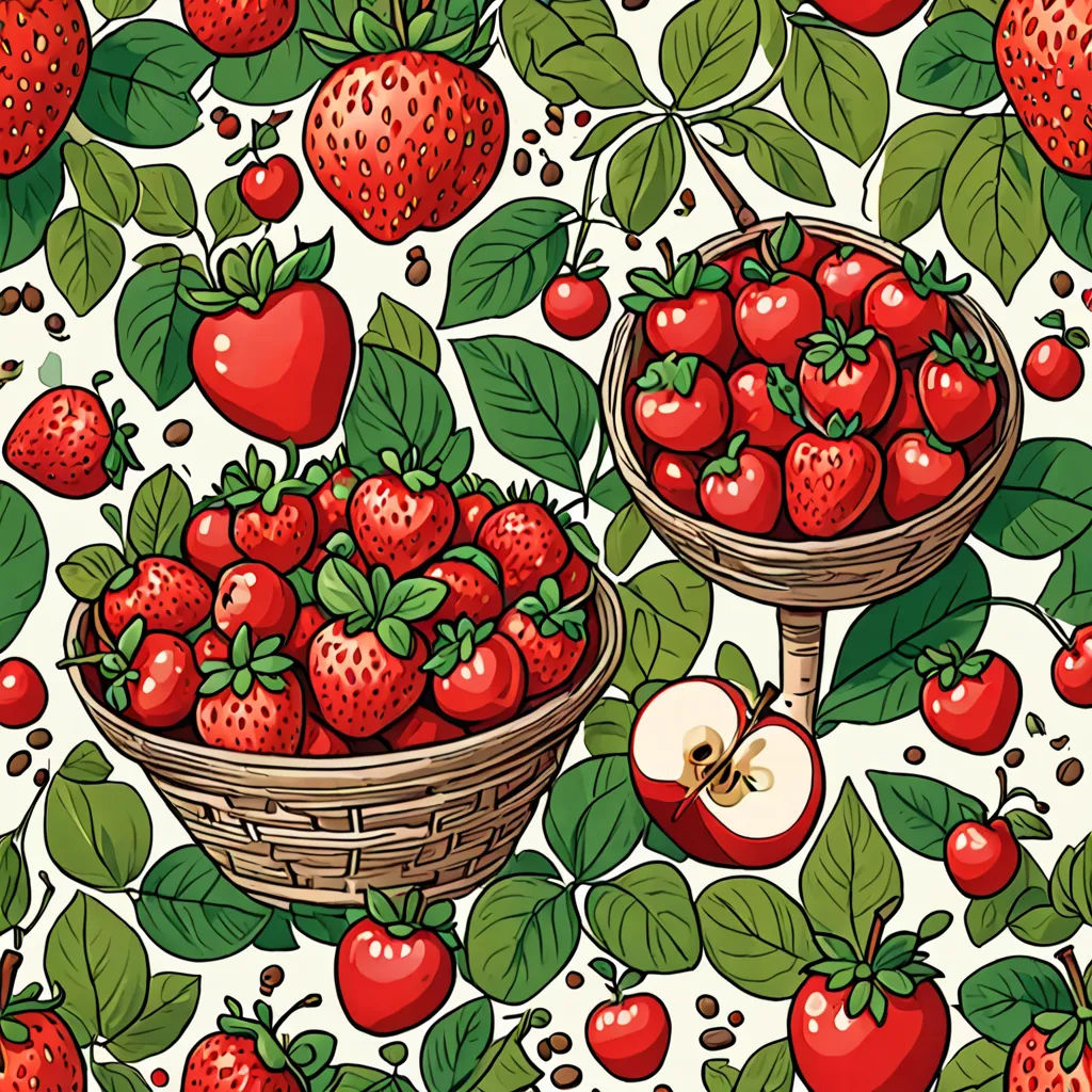 a pattern of strawberries and apples on a white background with leaves and berries on the bottom of the image, folk art, a jigsaw puzzle, Annabel Kidston, berries