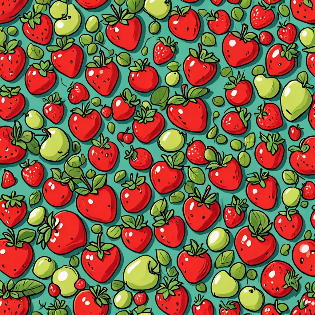 a lot of strawberries and apples on a blue background with green leaves and red apples on the bottom, psychedelic art, a jigsaw puzzle, Annabel Kidston, berries