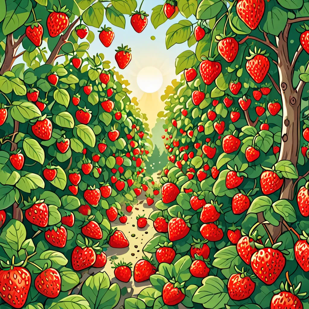 a painting of a strawberry orchard with lots of ripe strawberries on the trees and a path leading to the sun, psychedelic art, a storybook illustration, Dan Mumford, berries
