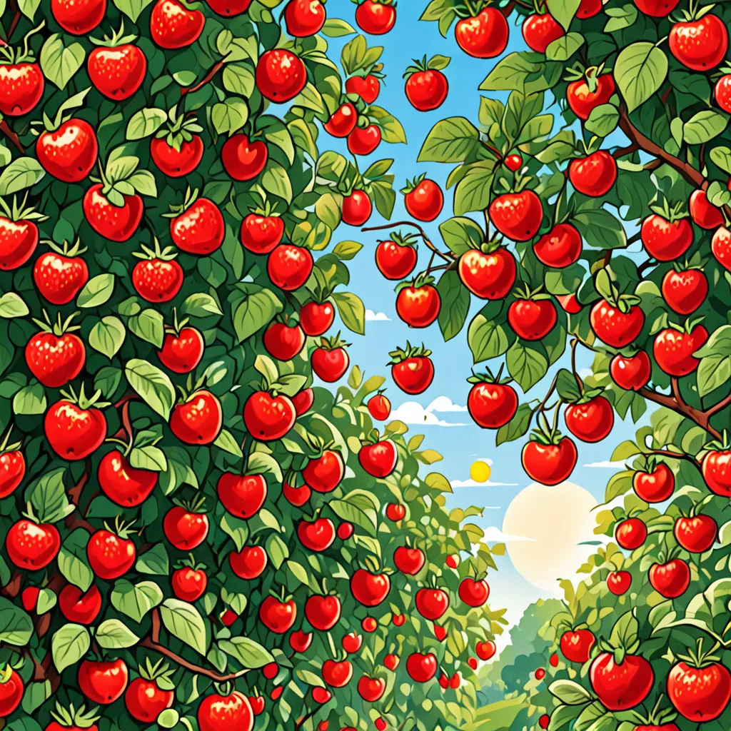 a painting of a tree filled with lots of red apples on it's branches and a sky background, precisionism, a jigsaw puzzle, David Martin, detailed illustration