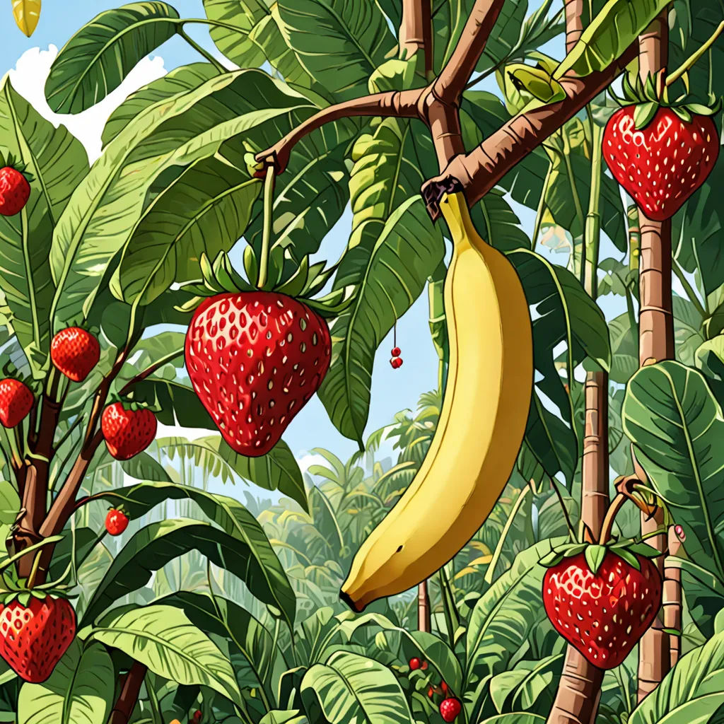 a banana hanging from a tree with strawberries and bananas on it in a forest of bananas and strawberries, naturalism, an illustration of, Chris LaBrooy, highly detailed digital painting