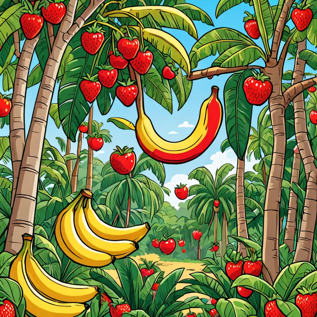 a painting of bananas and strawberries hanging from a tree in a forest with strawberries and bananas on the branches, excessivism, a storybook illustration, Chris LaBrooy, jungle