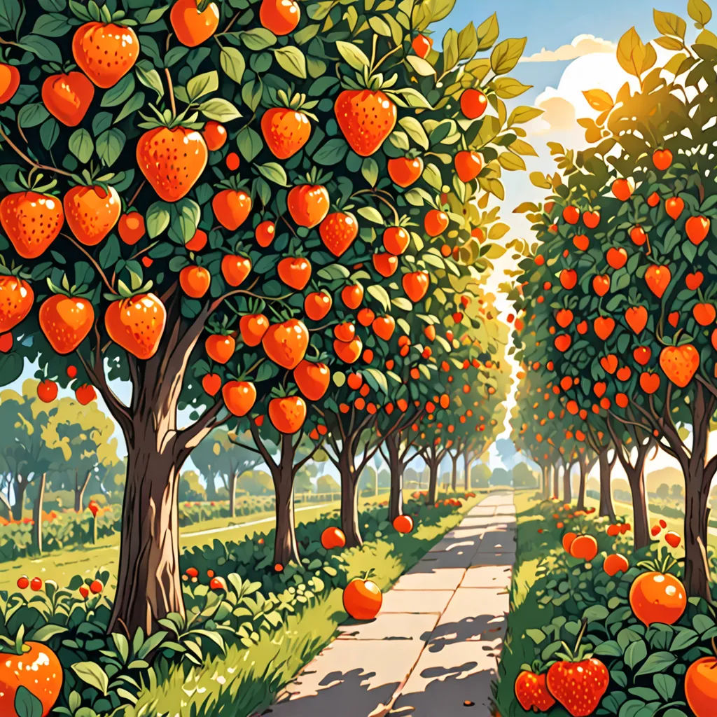 a painting of a pathway lined with orange trees and oranges on the trees and in the ground, with a path between them, precisionism, a storybook illustration, Chris LaBrooy, detailed illustration