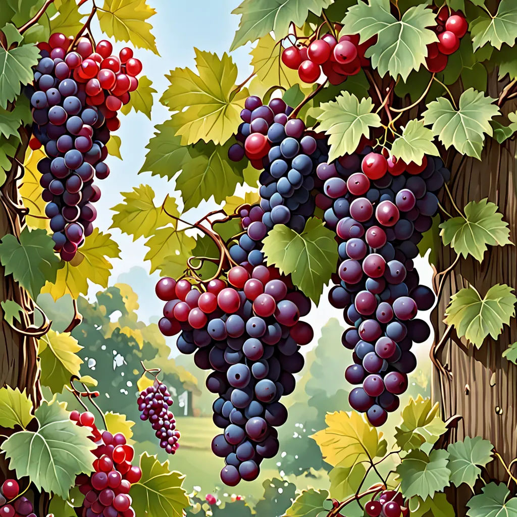 a painting of grapes hanging from a tree branch with leaves on it and a house in the background with a blue sky, naive art, an ultrafine detailed painting, Brothers Hildebrandt, highly detailed digital painting