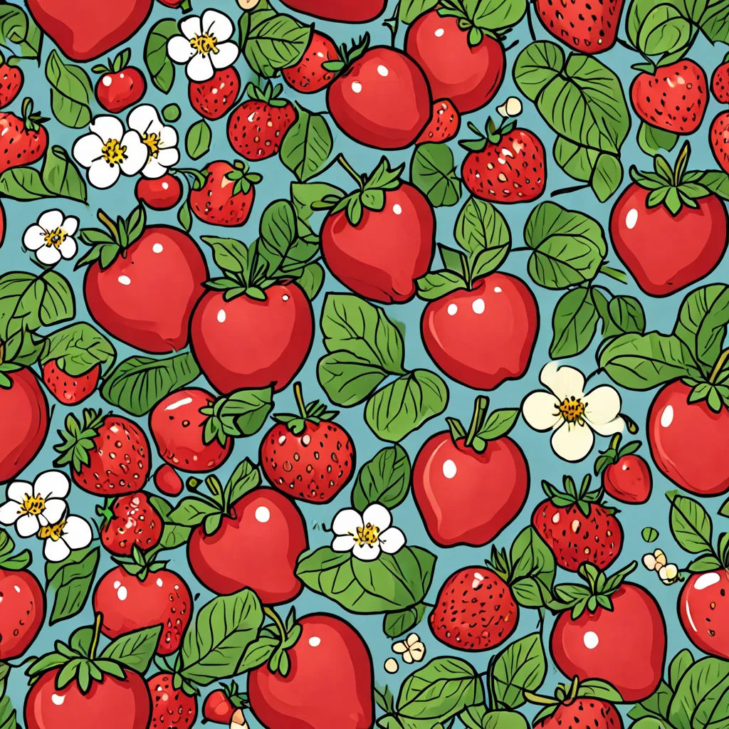 a bunch of strawberries and flowers on a blue background with a white flower and a green leafy branch, context art, a jigsaw puzzle, Annabel Kidston, berries
